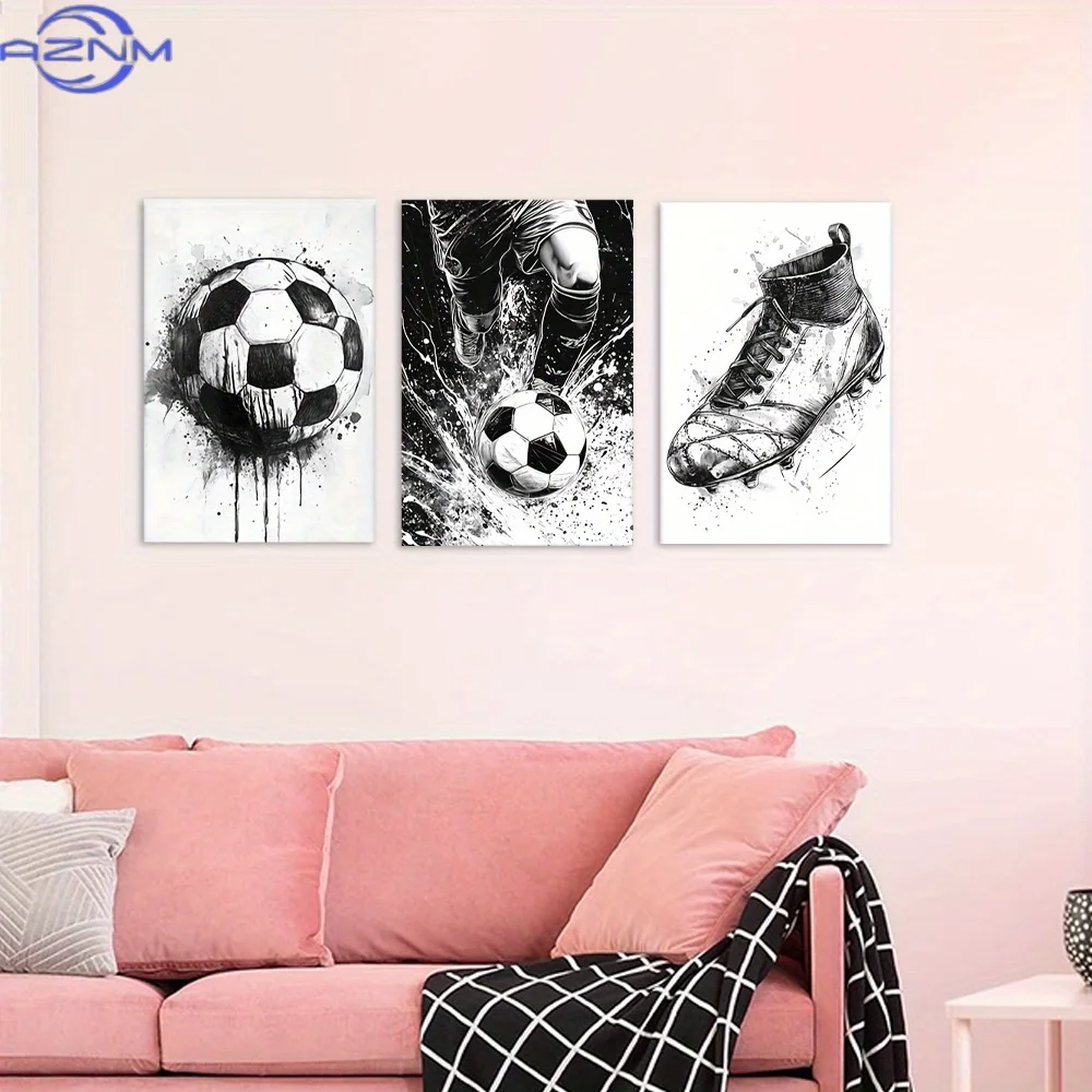 3pcs Wall Art Posters, Modern Canvas Paintings (Framed or Unframed), Boys Playing Football, Posters and Prints for Living Room,