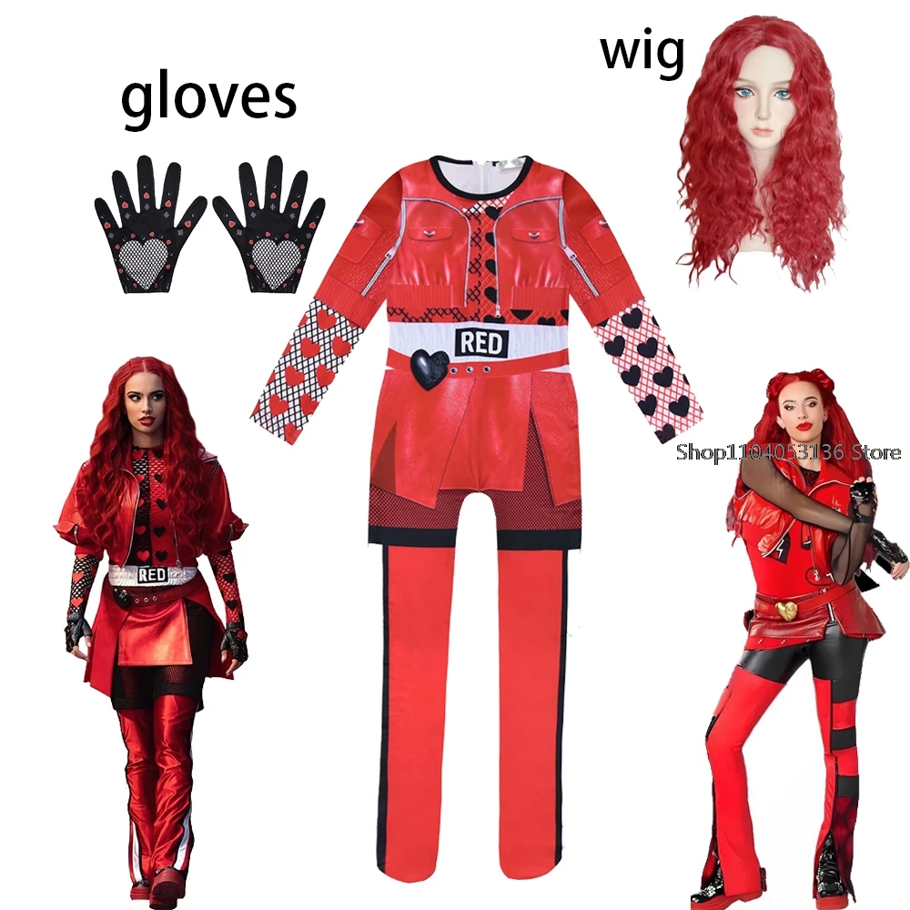 NEW D-Descendants Red Costume for Kids Rise of Red Girls Red Chloe Cosplay Jumpsuit Wig Gloves Children Halloween Party BodySuit