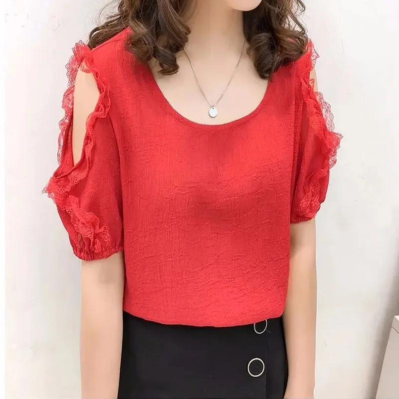 2023 Summer New Women Lace Spliced Fashion Off Shoulder Blouses Korean Elegant Round Neck Solid Bandage Shirt Female Clothing