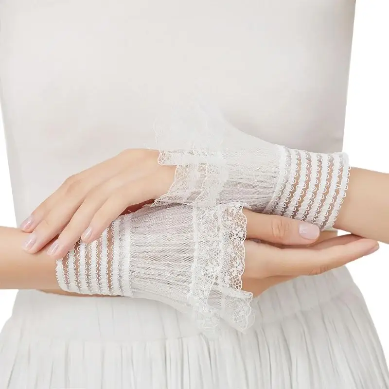 D0UD Elastic False Arm Sleeves Pleated Cuff Layered Lace Wrist Cuffs Lace Horn Cuffs