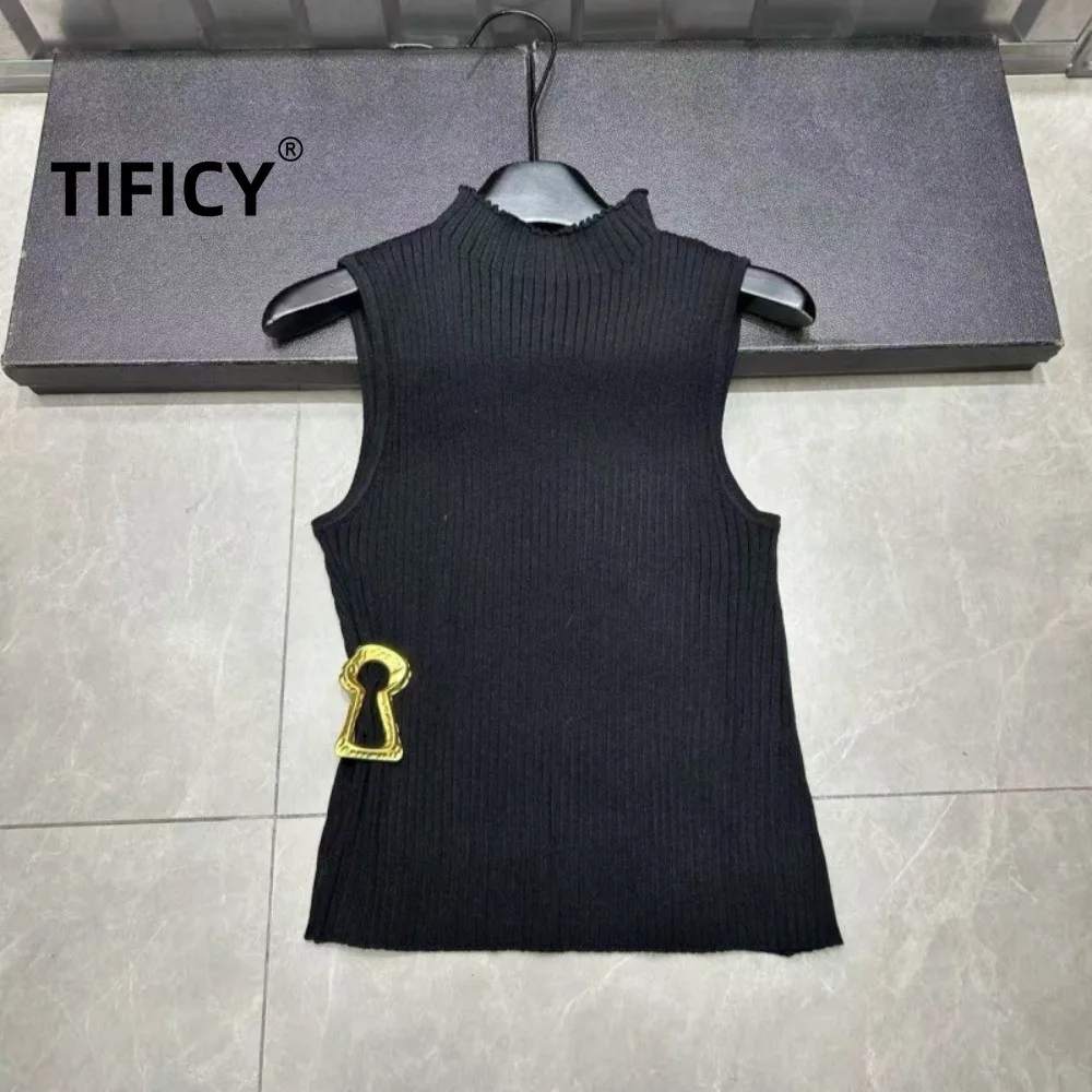High Street Tank Tops Women's Spring New Metal Decoration Round Neck Knitted Slim Fit Versatile Streetwear Tanks
