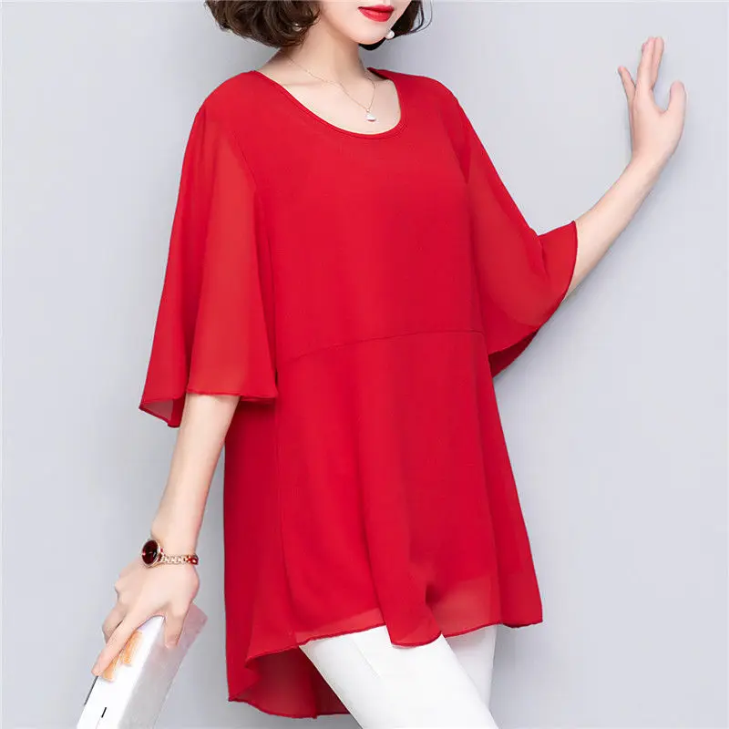 2023 Summer Mid-length Chiffon Blouse Oversized 6XL Obesity Women Short Sleeve Beautiful Self-cultivati Shirt Blouse Show Thin