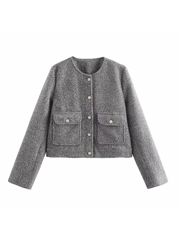 

Women Autumn Winter New Elegant Single-breasted Textured Long Sleeve O-Neck Flip Pocket Decorate Short Jacket Coat Tops Mujer