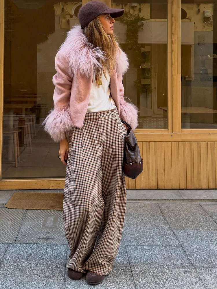 Chic Sweet Pink Cropped Jacket Elegant Faux Fur Trim Collar Cuffs Short Versatile Casual Coat Lady Autumn Party Daily Streetwear