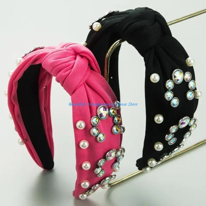 

E56A Elegant Wide Headband for Female Crystal Bead Studded Hairband Travel Hairhoop Nonslip Hairband Girl Knotted Hairband