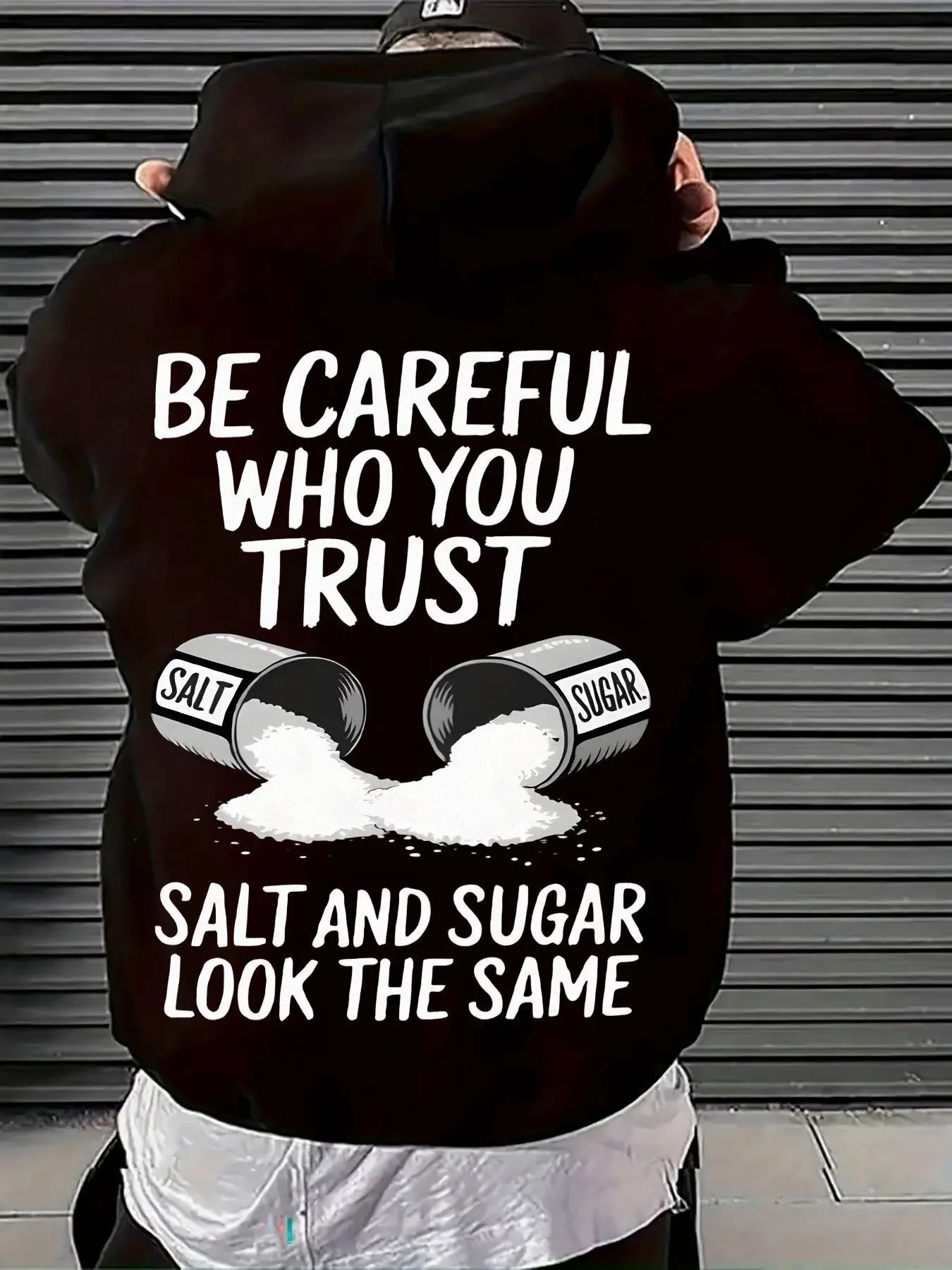 Men's Hooded Sweatshirt, Back Graphic Print, Salt and Sugar Design, Casual Pullover Hoodie with Kangaroo Pocket, Perfect for Casual Attire and Street Style