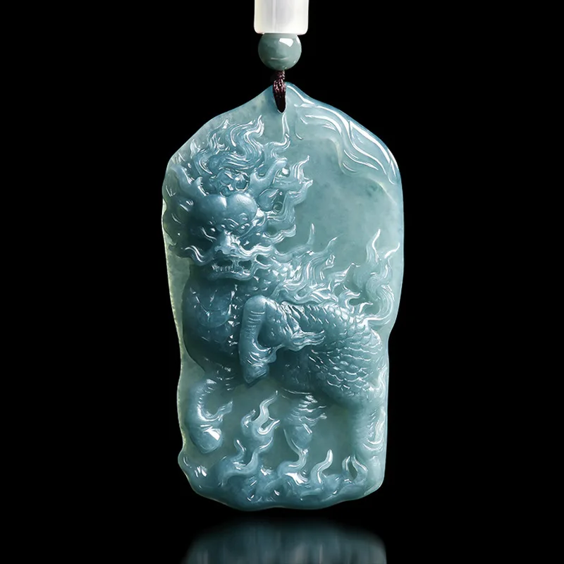 

Natural A-Grade Blue Water Stepping on Fire Qilin Design Ice Jade Pendant Authentic Men's Women's Jewelry Domineering Symbolism