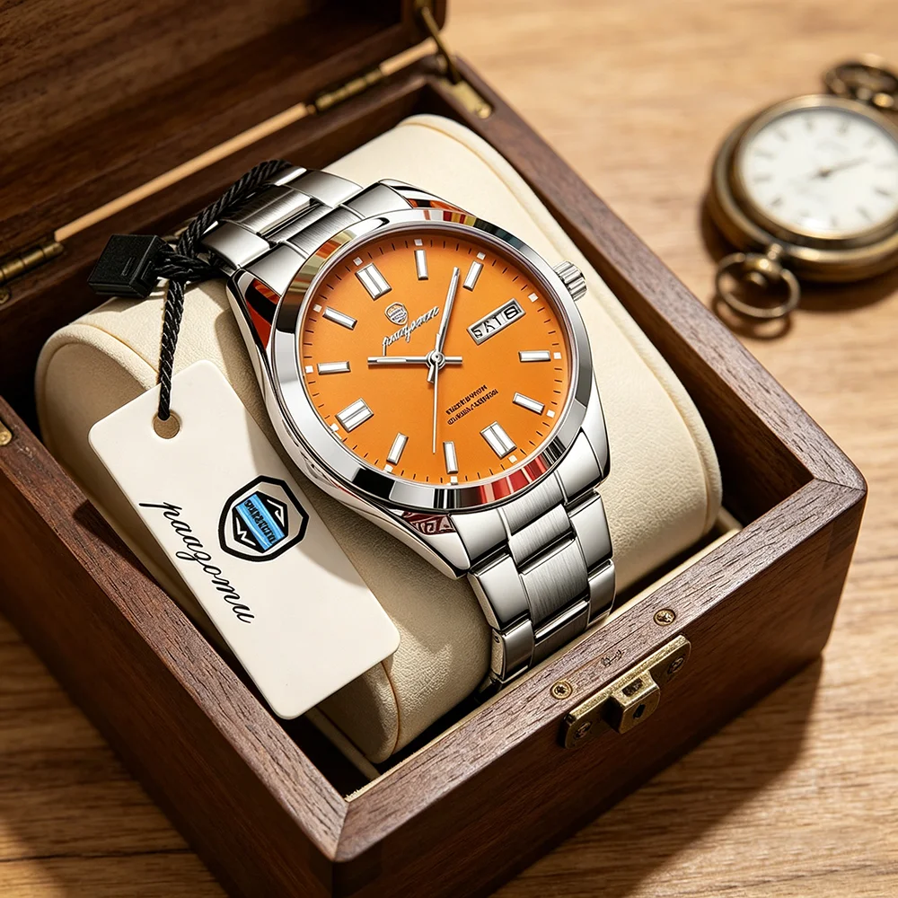 

PAAZOMU Men's Fashion Quartz Watch, Orange Dial, Stainless Steel Bracelet, Dual Date, Waterproof Wristwatch for Daily Wear