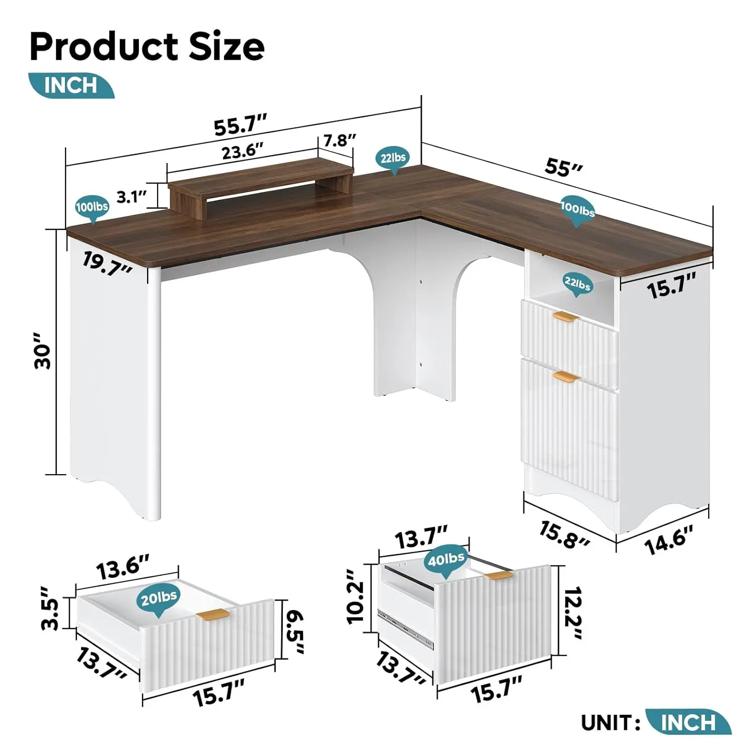 L Shaped Desk with Monitor Stand, Computer Desk with Drawer & Fluted Panel for Home Office, 55 Inch, White, Customized
