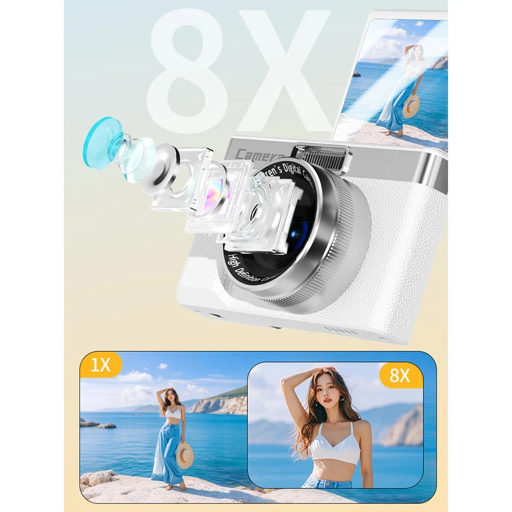 2.4' Screen 1080P HD Digital Camera 8x Zoom Flash Light Photography Video Camcorder 180°Flip Screen Anti-Shake