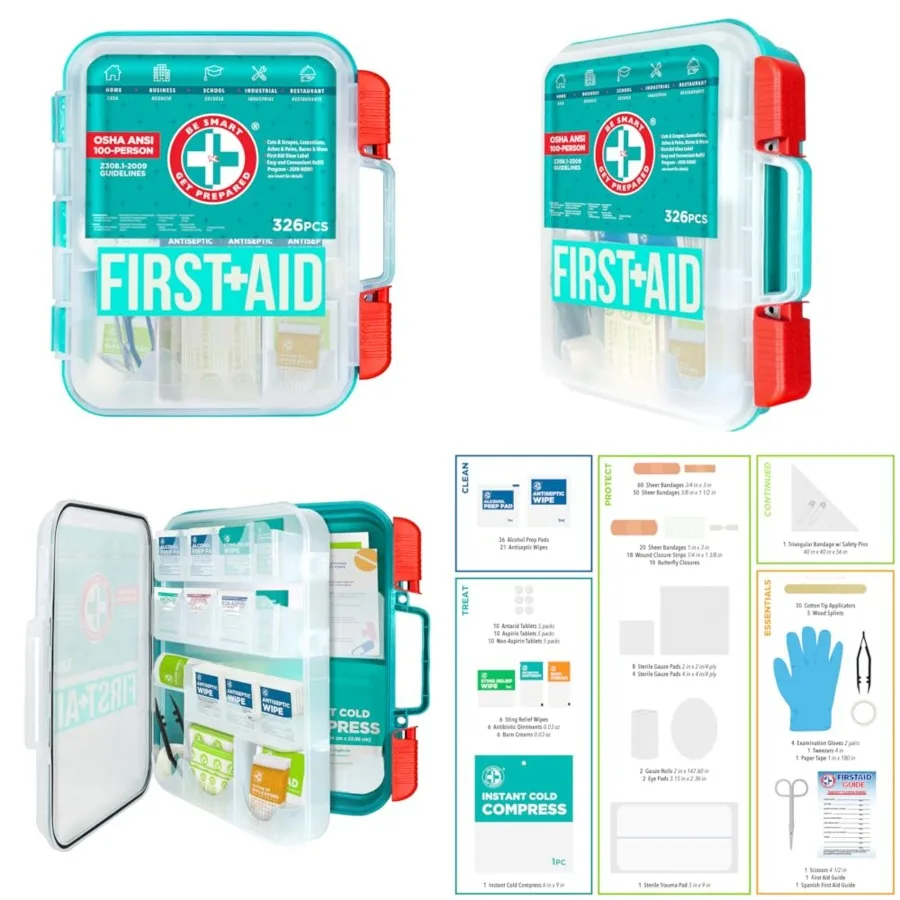 Be Smart Get Prepared First Aid Kit, Teal, 326 Piece, Exceeds OSHA and ANSI Guidelines 100 People - Office, Home, Car, School,