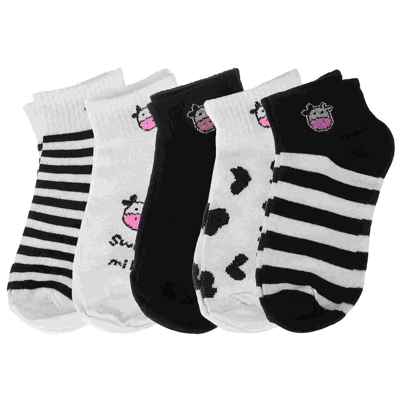 

5 Pairs Black and White Cow Socks Holiday Women Soft Children Short Length Cartoon