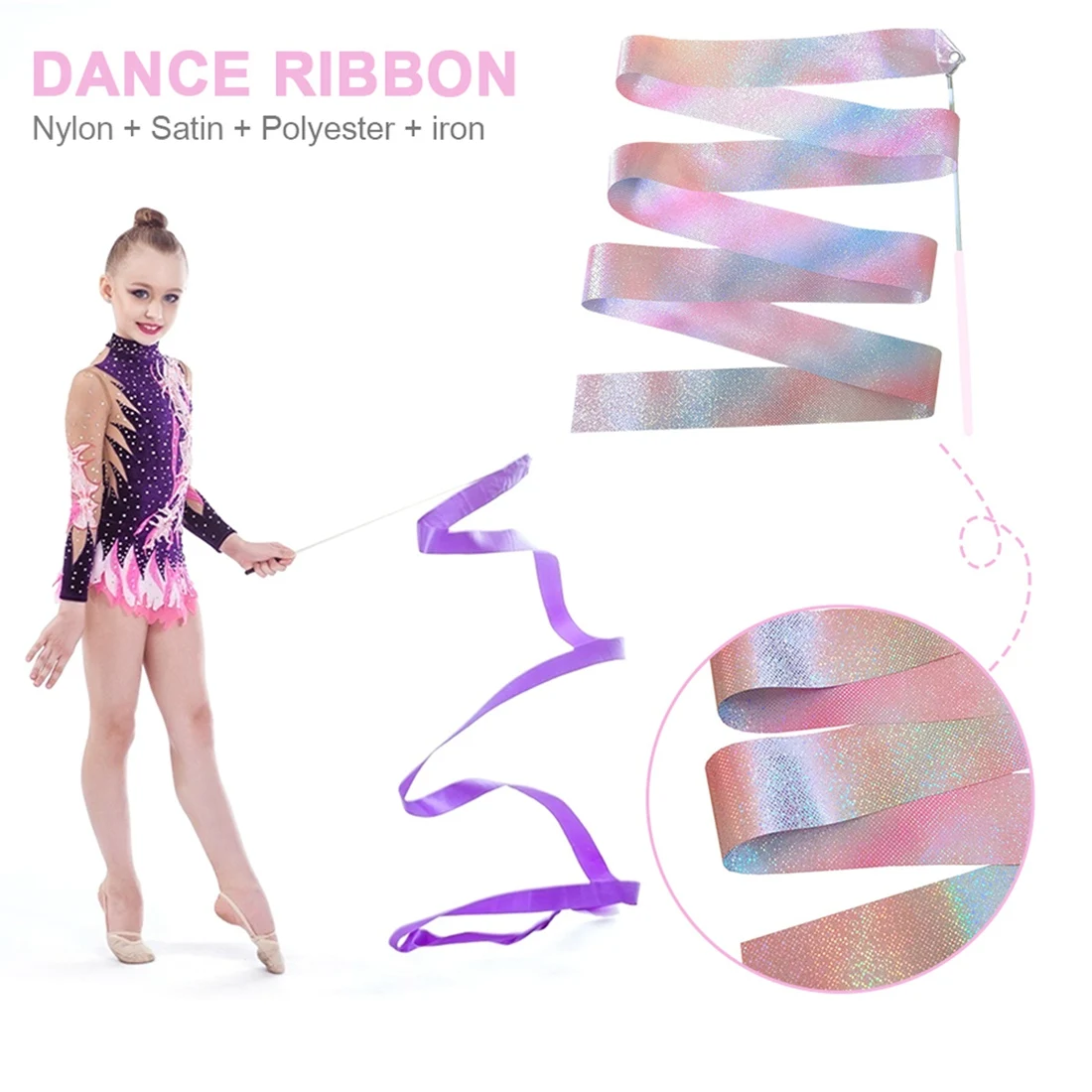 2M Flashing Star Gym Ribbons Dance Ribbon Rhythmic Art Ballet Streamer Twirling Rod Rainbow Stick