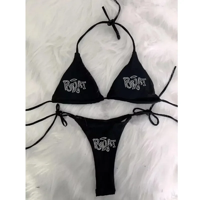 

2000s Woman Punk New Beach Swimwear Gothic Clothes BRAT Rhinestone Printing Grunge Swimsuit Bikini Y2K Bathing Suits Lace Up