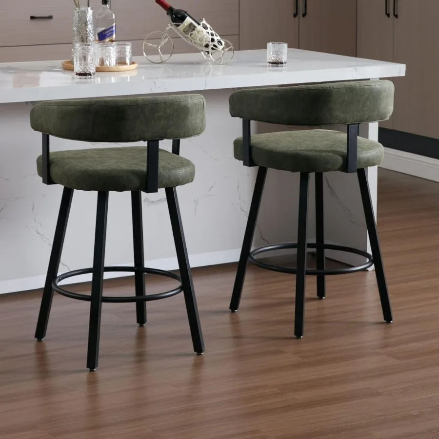 طقم كراسي بار من جلد البولي يوريثان مكون من 2 مقعد بارتفاع 25.5 مع مسند ظهر مبطن مفتوح ومقاعد بار منخفضة منجدة حديثة معي