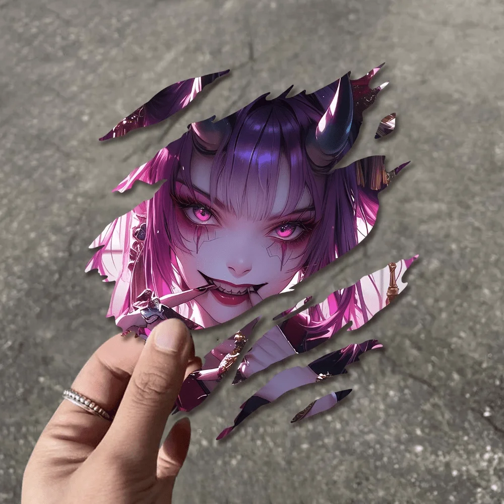 1pc 2D Flat Torn Anime Demon Girl Vinyl Sticker, Waterproof Decal for Car Window Motorcycle Helmet Laptop JDM