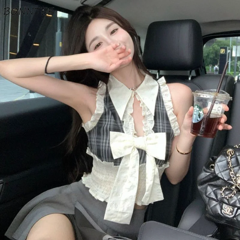 Tank Tops Women Plaid Students Kawaii Girlish Daily Party Elegant Sexy Summer Trendy All-match Soft Korean Style Leisure Sweet