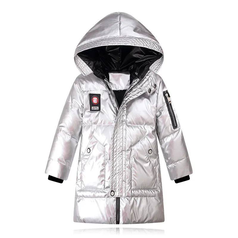 Kids Boys Girls Long Loose Thick White Duck Down Blue,Black Baby Coat, Teenagers Hooded Padded Jacket Clothes Winter