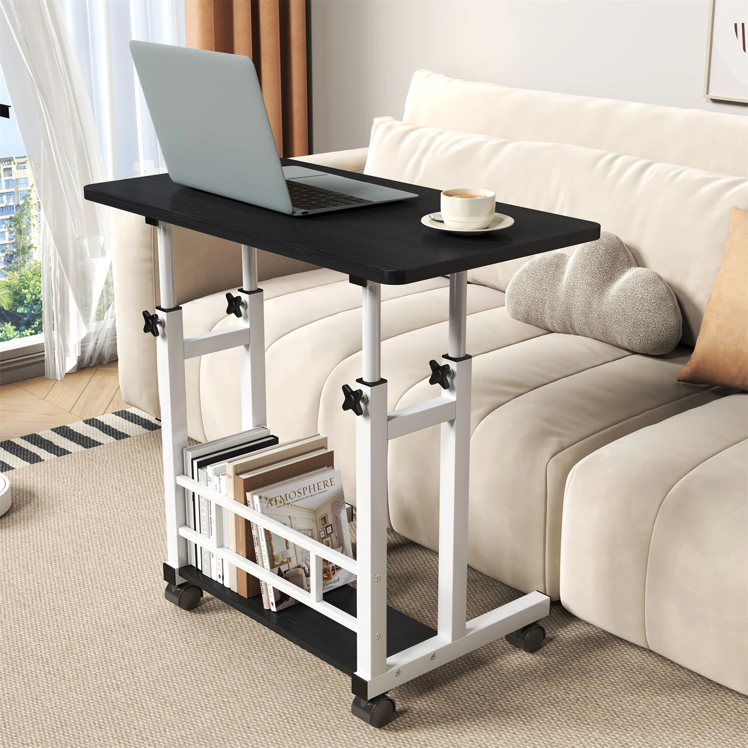 Adjustable Height Mobile Standing Desk, 80.0 cm x 40.0 cm Rolling Laptop Table with Storage Basket, Portable Sit to Stand Workstation with Locking Casters for Small Spaces, Home Office, Black