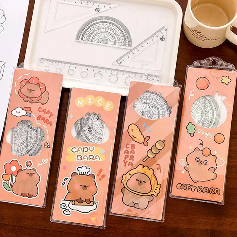 1Set Cartoon Cute Capybara Ruler Set Angle Ruler Protractor Triangle Ruler Multifunctional Measuring Tools School Supplies