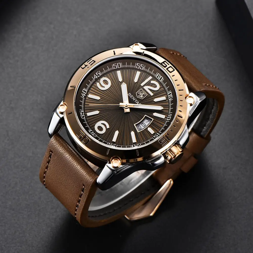 Top luxury brand watches for men BENYAR Men’s quartz watch waterproof luminous fashion sports calendar men’s watch Leather Watch