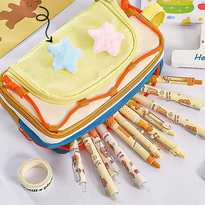Estuche organizador portátil multicapa Kawaii para lápices, suministros de bolsa para bolígrafos con diseño de bloques de Color de gran capacidad, bonito bolso funcional
