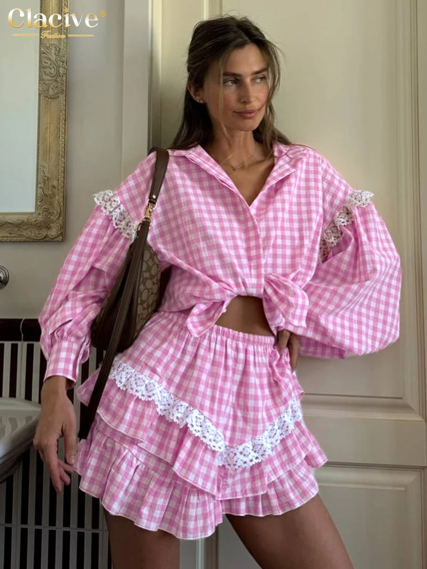 

Clacive Fashion Loose Pink Plaid Set 2 Piece Woman 2025 Elegant Long Sleeve Shirt With High Waist Mini Skirt Set Female Clothing