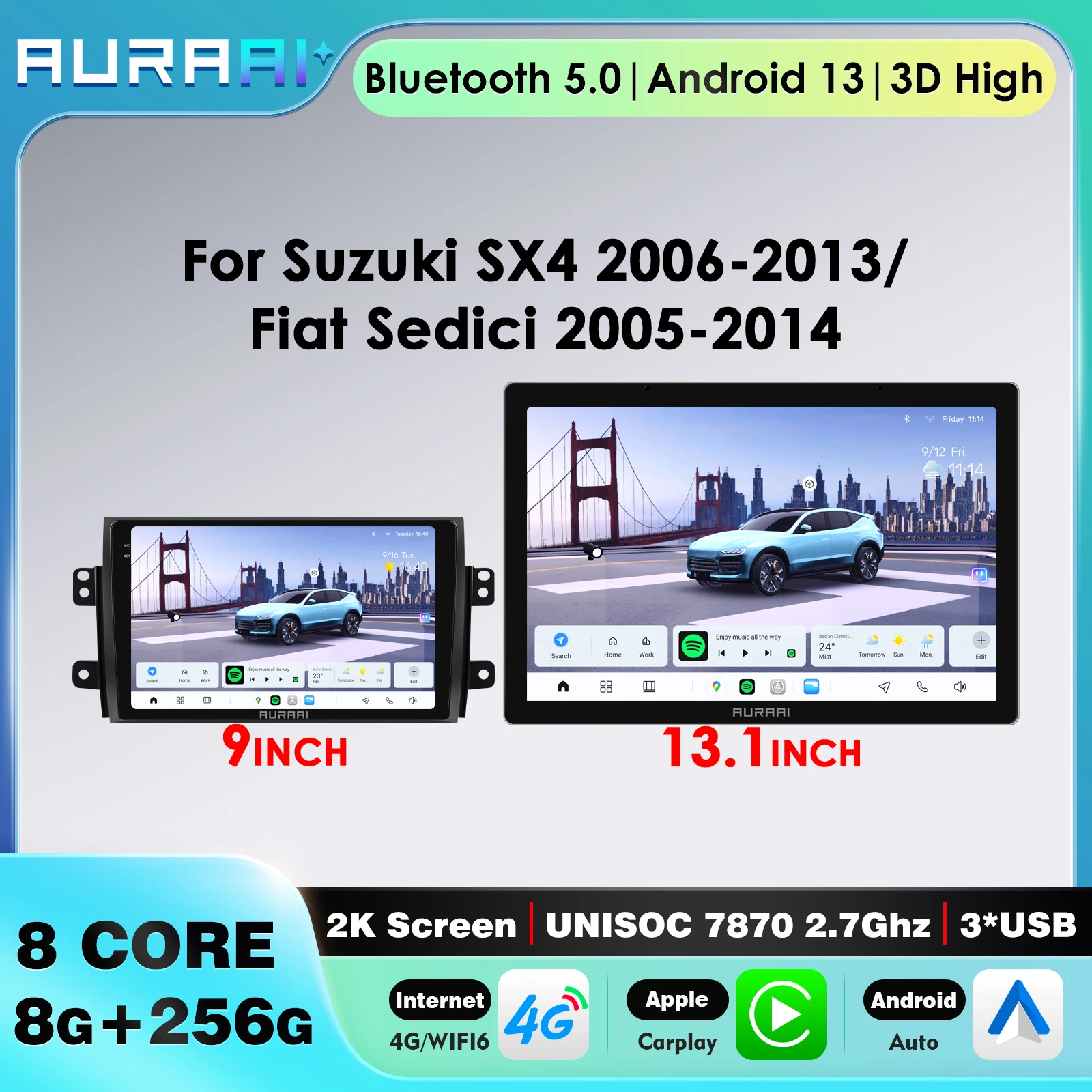 

Беспроводной Carplay GPS для Suzuki SX4 2006-2013, для Fiat Sedici 2005-2014, Android Auto, экран 2K, система UNISOC 7870, ADAS, OBD, 4G