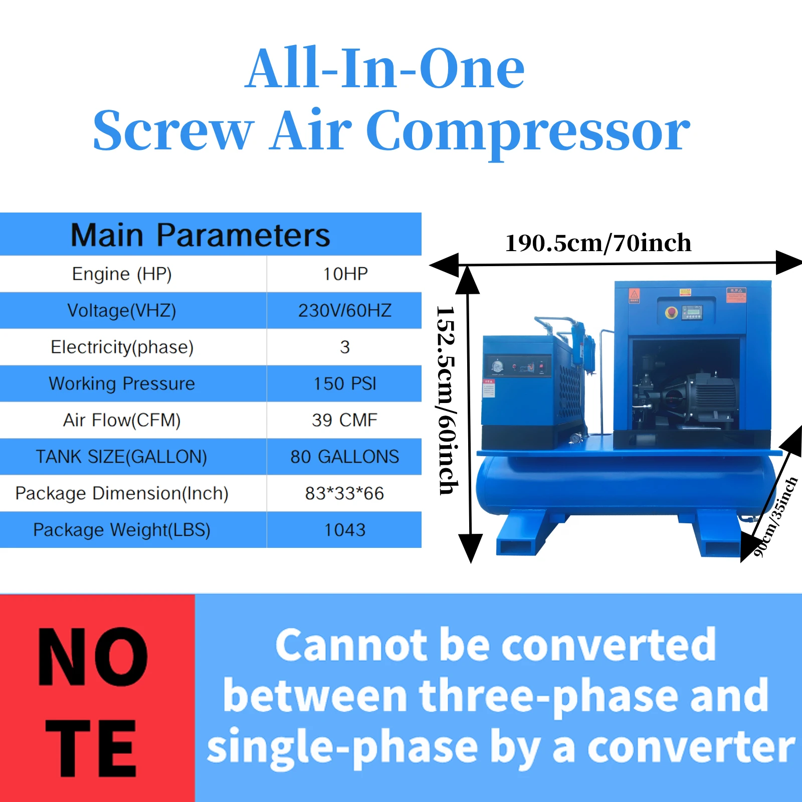 10HP Rotary Screw Air Compressor All In One Air Compressor 39CFM/150PSI/230V/60Hz 1Ph/3Ph With Gas Tank And Refrigerated Dryer