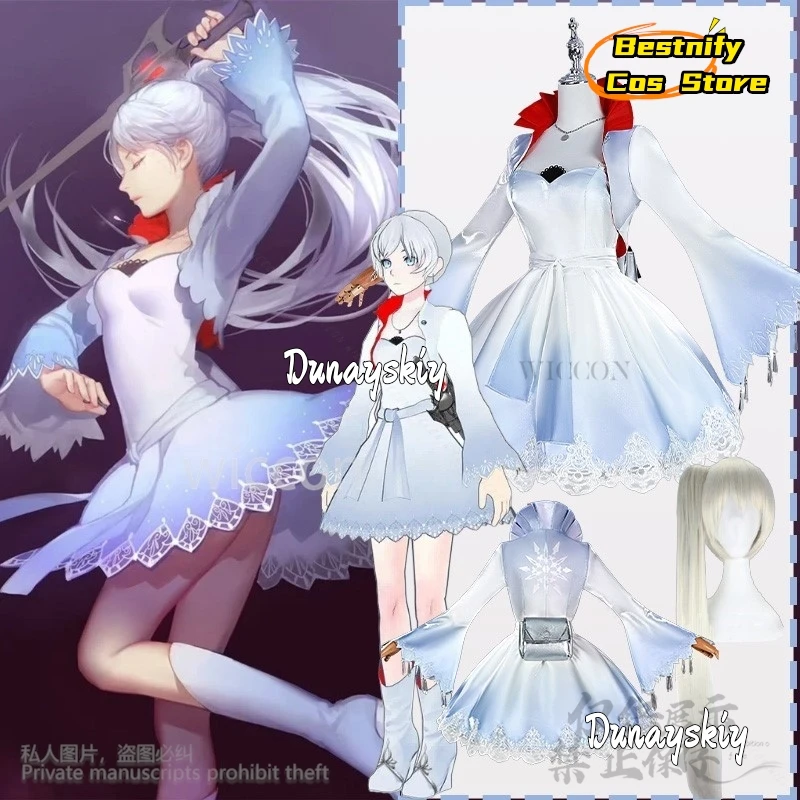 

Anime RWBY Cosplay Weiss Schnee Costume White To Blue Gradient Elegance Dress Lace Lolita Ponytail Wig Jirai Kei Girls -코스프레