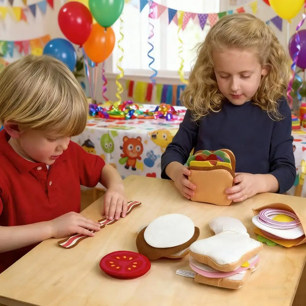 28 Pcs/Set Soft Felt Play Food Set Hamburger Sandwich Stacking Toy with Beef Steak Vegetables Pretend Play Food Kids Kitchen Toy