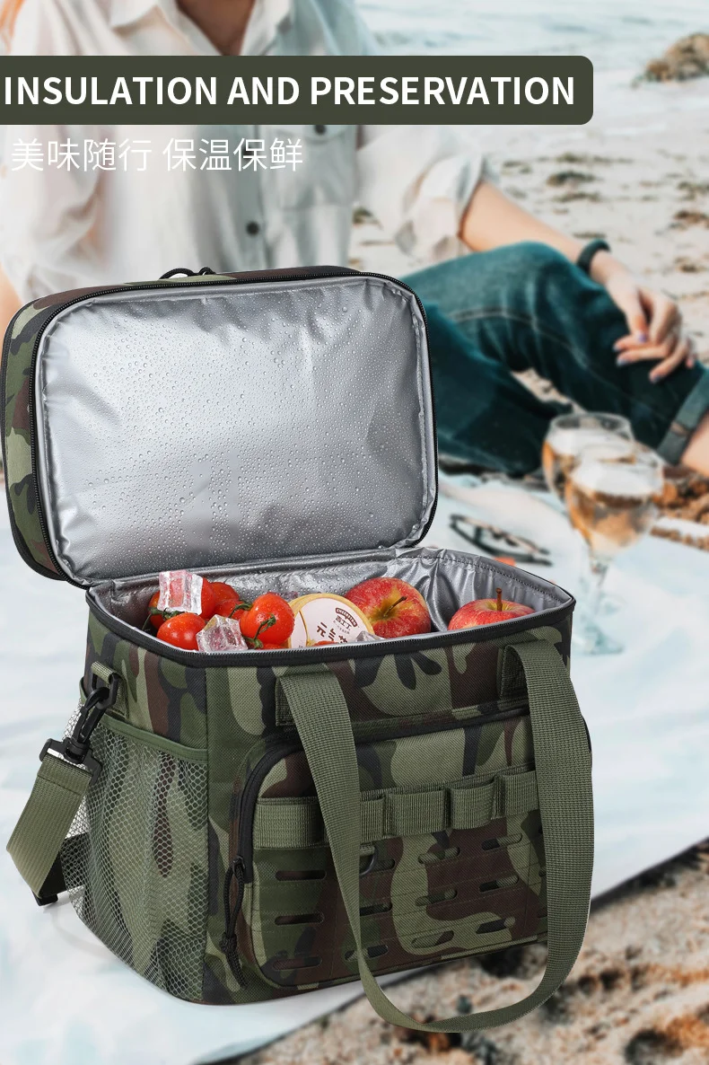 Tarnfarbene Outdoor-Picknicktasche mit doppelter Schicht, tragbare Isoliertasche, Camping-Lunchbag mit großem Fassungsvermögen, Outdoor-Kühltasche, Lunchbox – Detail 4