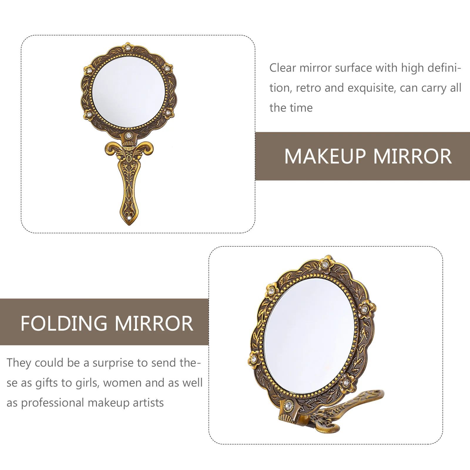 Portable Handheld Mirror Mini Makeup Vintage Vanity Travel with Lights