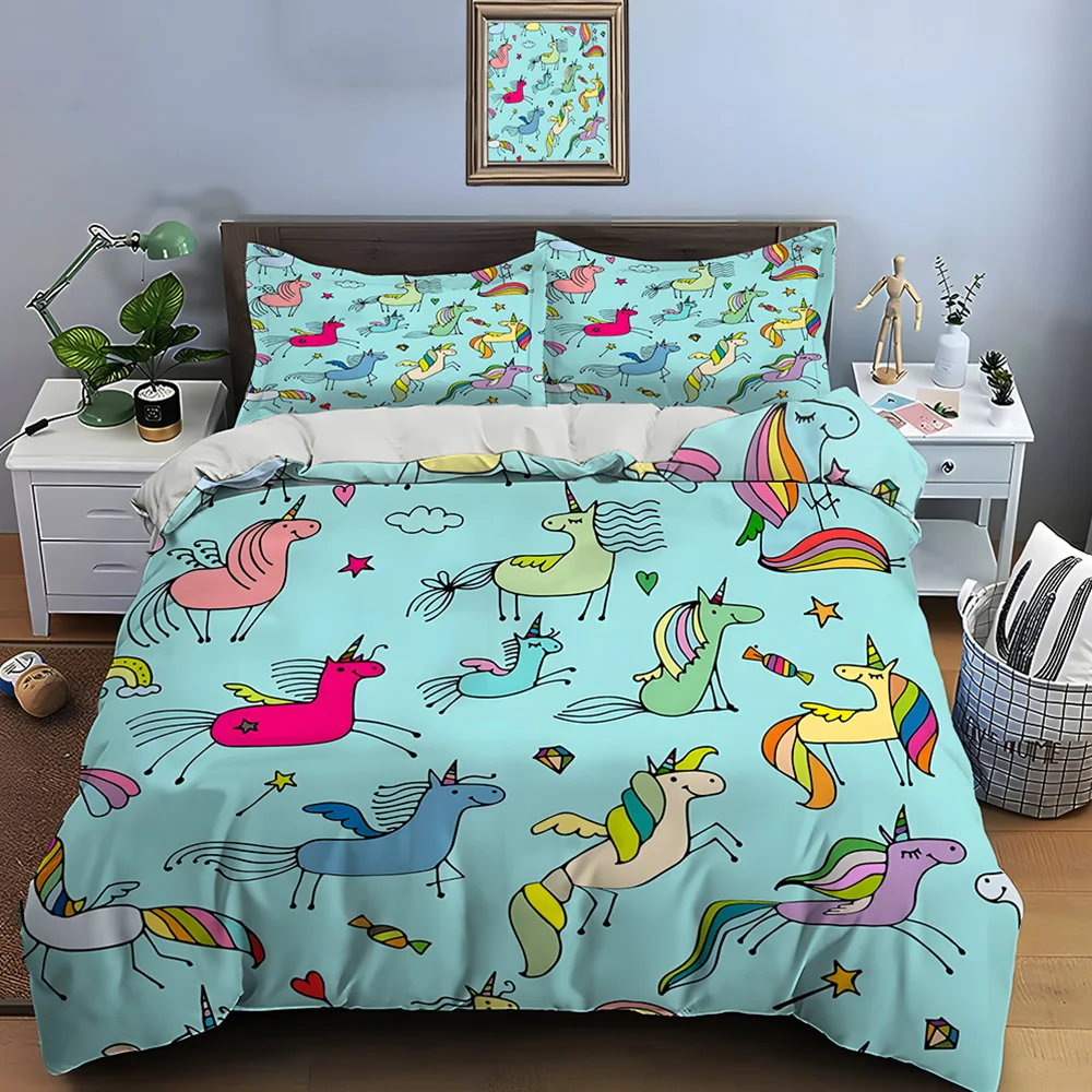 Fun Hand-drawn Unicorns pattern Bedding Set for Kids Luxury Gift 3pcs Digital Print Comforter Set Soft Comfortable Breathable