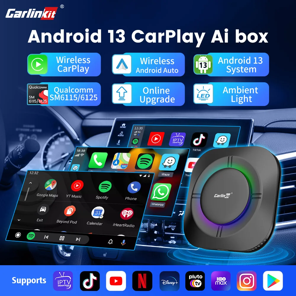 CarinKit Android 13 Carplay Ai Box Ambient 8 Core Wireless Android Auto Adattatore 3 in 1 Streaming Video Supporta Scheda SD da 512 GB