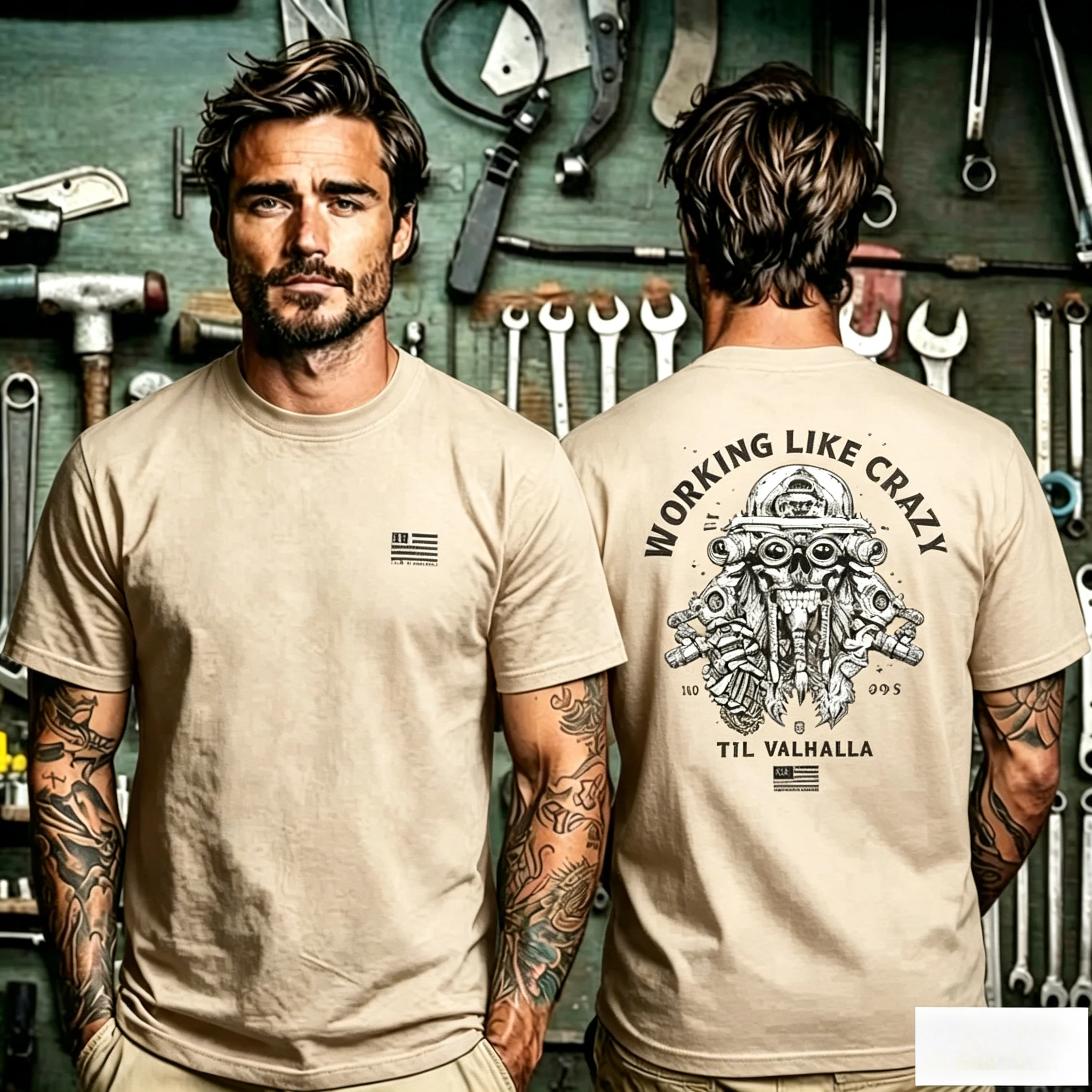 Vintage Industrial Art T Shirt, Working Like Crazy Arch Slogan with Multi‑goggle Mechanical Skull and Til Valhalla Letter Back