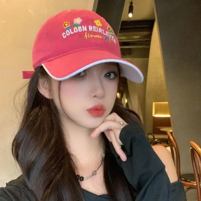 Adjustable Letter Embroidered Floral Sunscreen Hat Lightweight Breathable UV Block Cap for Travel Beach Vacation Trips