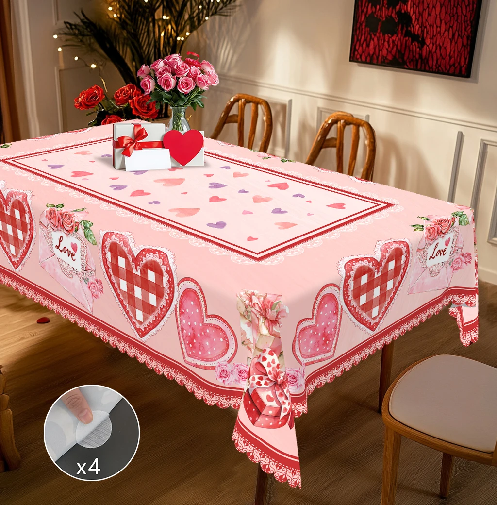1 Piece Valentine's Day Round and Rectangular Tablecloth, Available in 5 Sizes, Romantic Date Print Decorative Tablecloth, Comes with 4 Tablecloth Stickers, Embossed Edge Craftsmanship, Valentine's Day Garden Tablecloth Decoration, Suitable for Daily Home Kitchen and Patio Use, Valentine's Day Gift