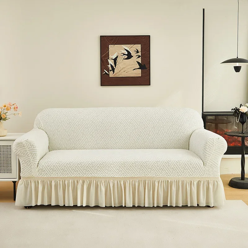 New Fleece Solid Sofa Cover with Skirt Hem Anti-Cat Scratching Stretch Couch Slipcover Soft Armchair Protector for Living Room