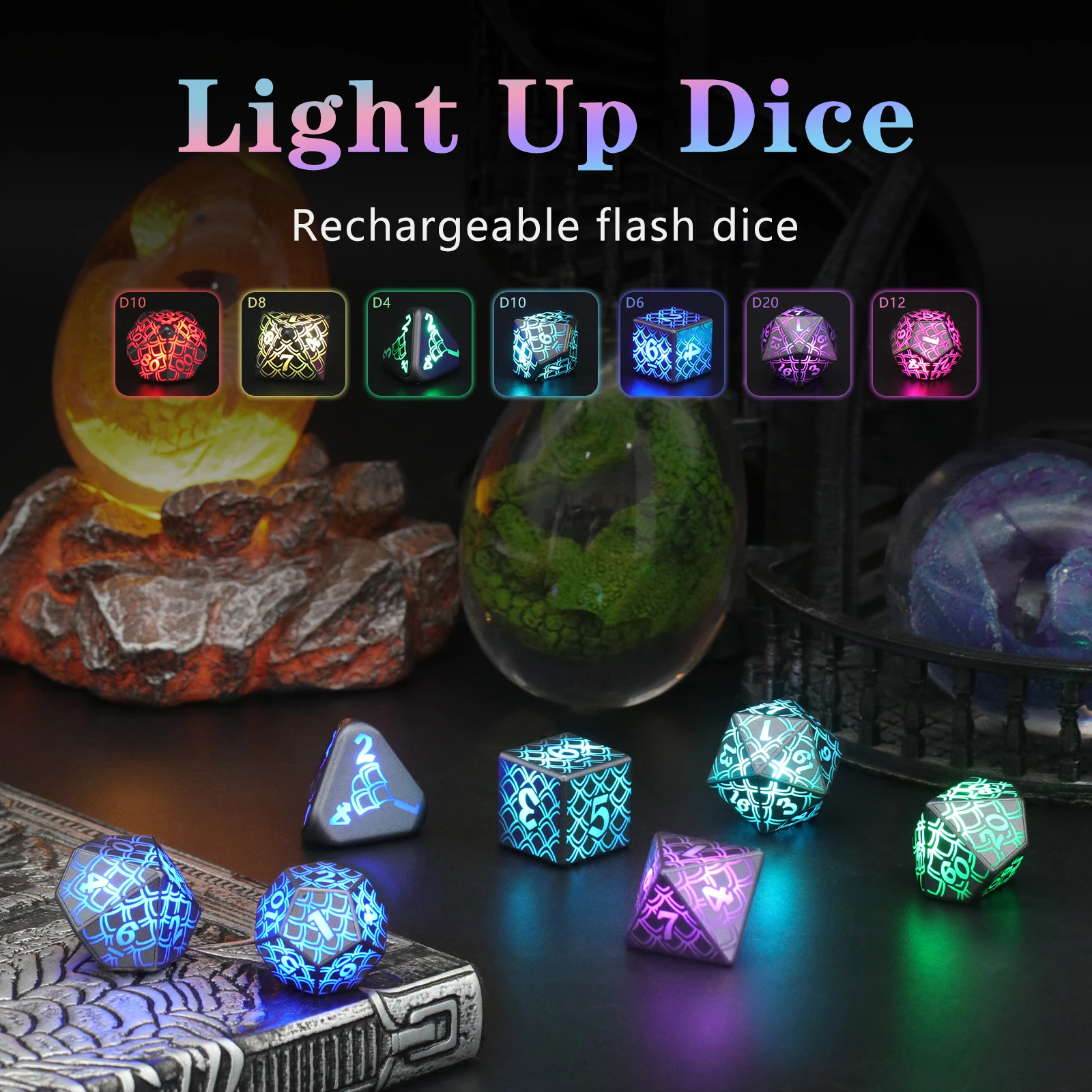 LED Dice Wireless Charging, DND Dice Dragon Scales Dice Rechargeable, ZHOORQI RGB Light up Dice