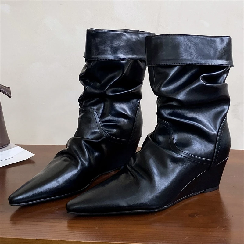 

Eilyken New Fashion Pleated Wedges High Heels Ankle Boots Women Short Booties Spring Autumn Pointed Toe Shoes