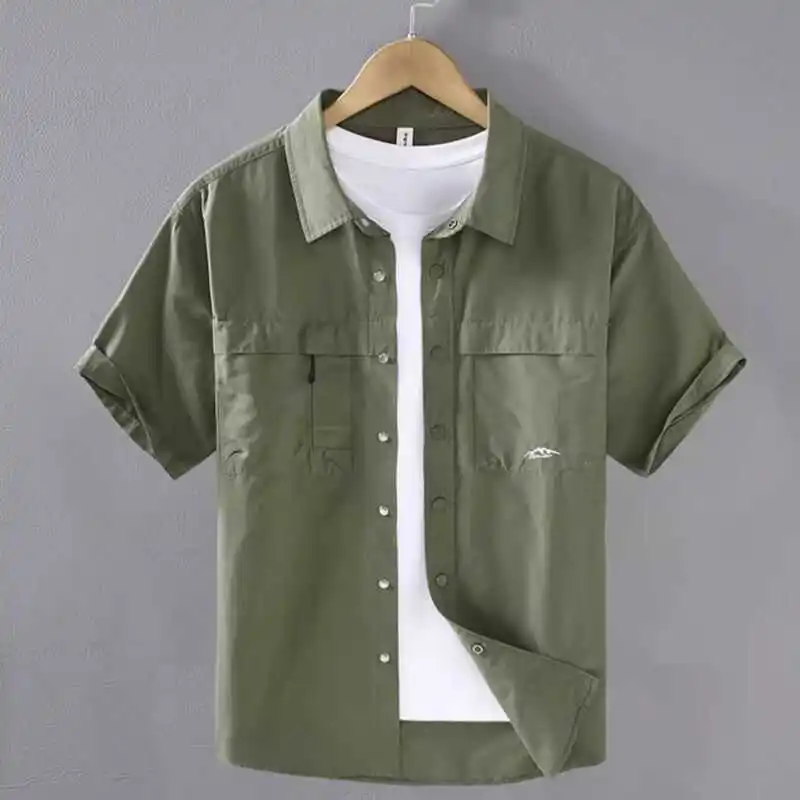 Men Fashion Vintage Pockets Lapel Short Sleeve Button Up Work Cargo Shirt 2024 Summer Casual Solid Loose Tops Camisas De Hombre