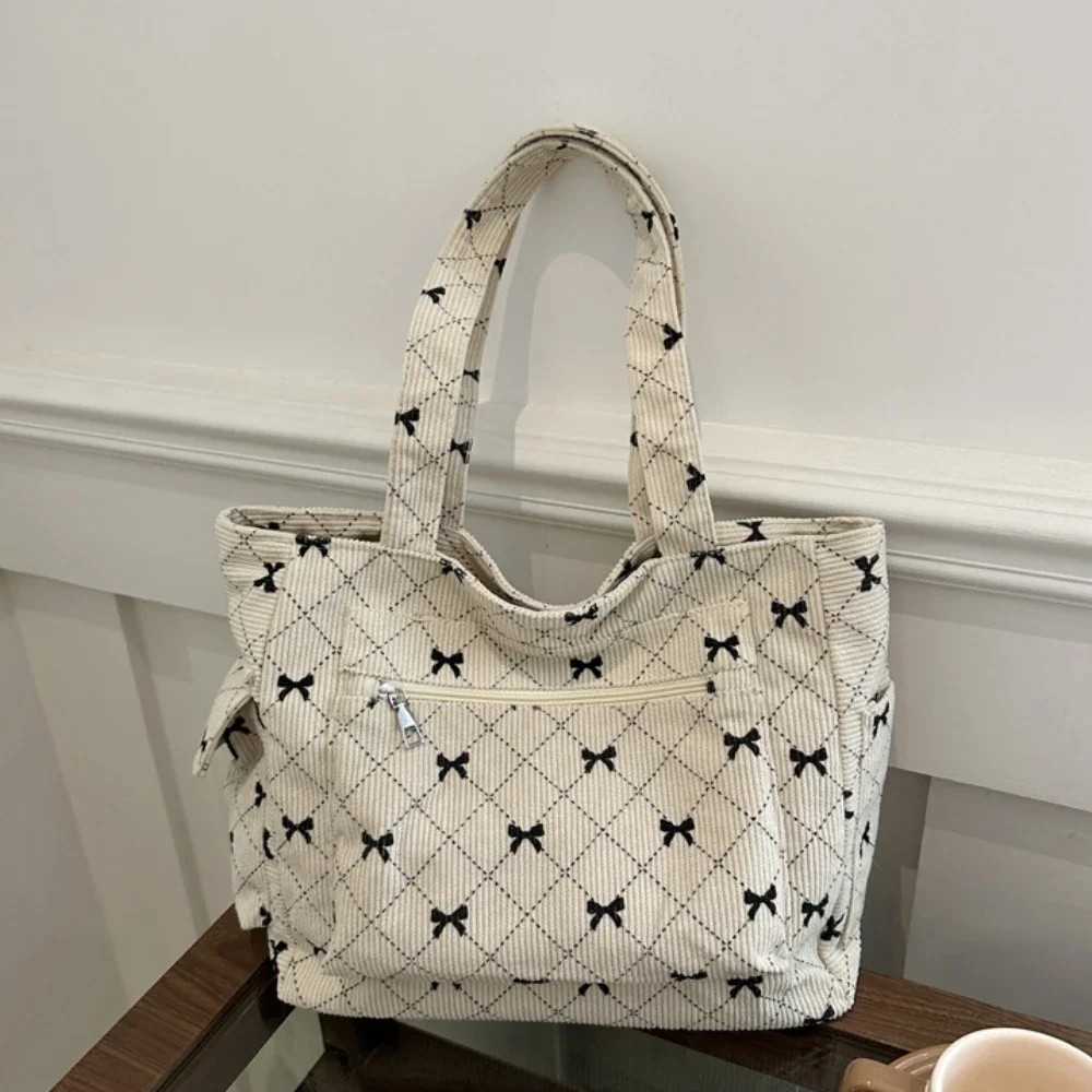 

Bow Pattern Commuting Bag Corduroy Handbag Large Capacity Women Tote Bag Multi-pockets Fashion Shoulder Bag Сумка Женская 2025