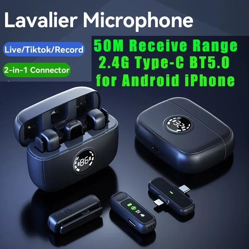 Lavalier Microphone Live Streaming Recording Microphones Type-C BT 5.0 Micro phone 50M Receive Range for Android iPhone 13 14 15