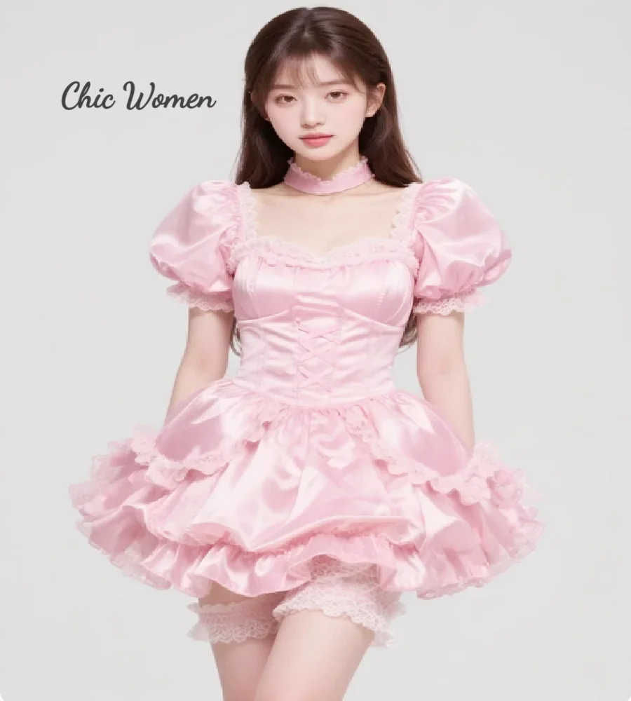 

Simple Pink Costume Dress 2026 Elegant Short Sleeve Lace Mini Cosplay Evening Dress Korean Fairy SHort Prom Dress Chic Formal