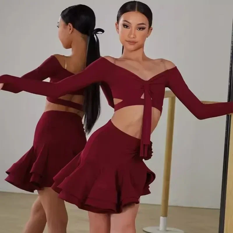 ZYM – haut asymétrique épaule dénudée à manches longues pour fille, personnalisé, même Style, danse latine, grande jupe pivotante irrégulière, ensemble fendu, automne/hiver