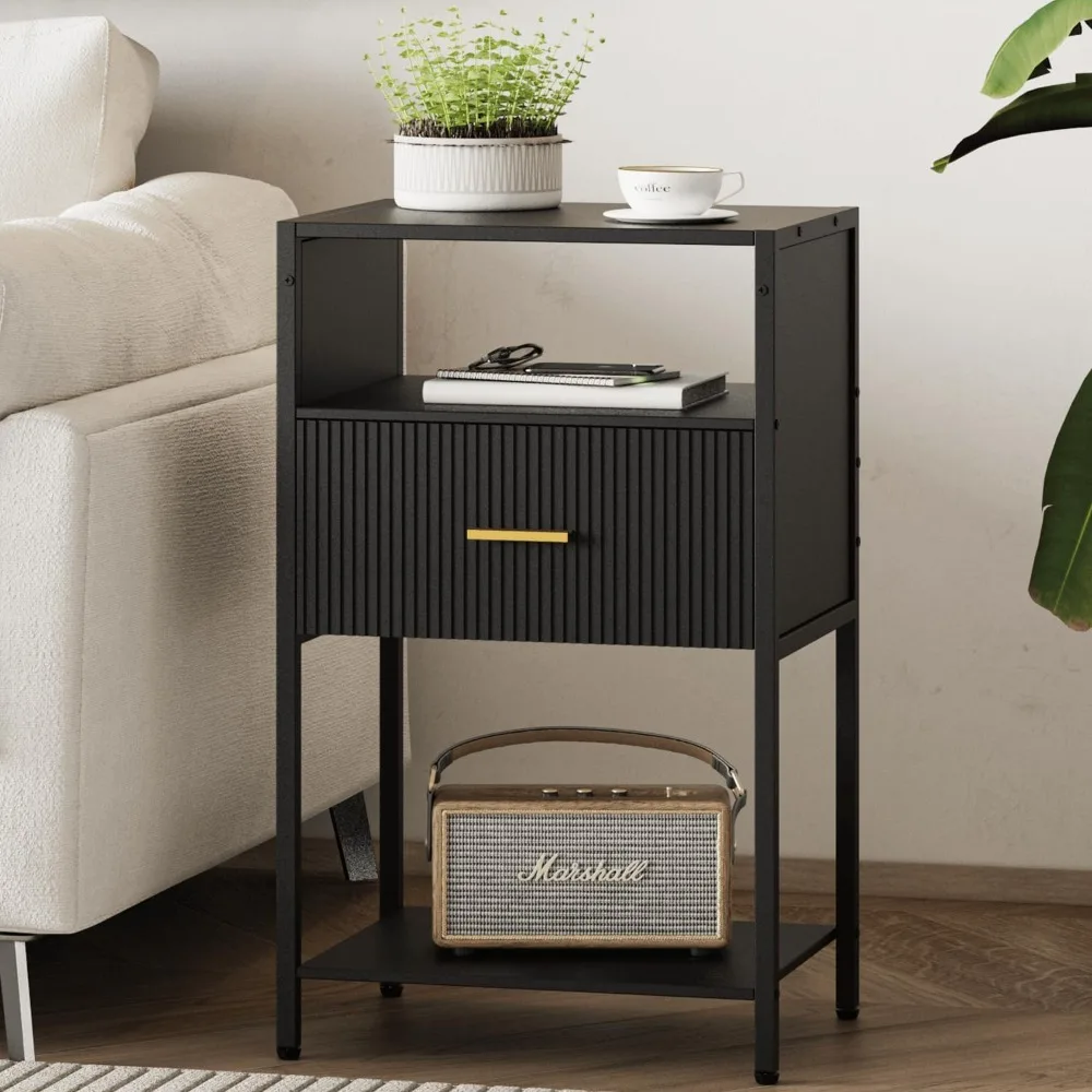 

Black Nightstand, Modern Side Table with Fluted Drawer, Tall Night Stand with 3 Storage Shelves for Living Room, Bedroom