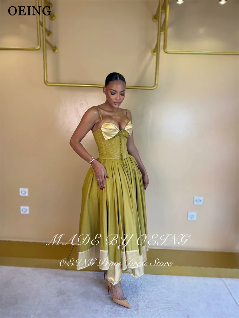 OEING Simple Olive Green A-Line Prom Dresses Spaghetti Strap Contrast Color Midi Party Dress Corset Cocktail Dress Customized view 2