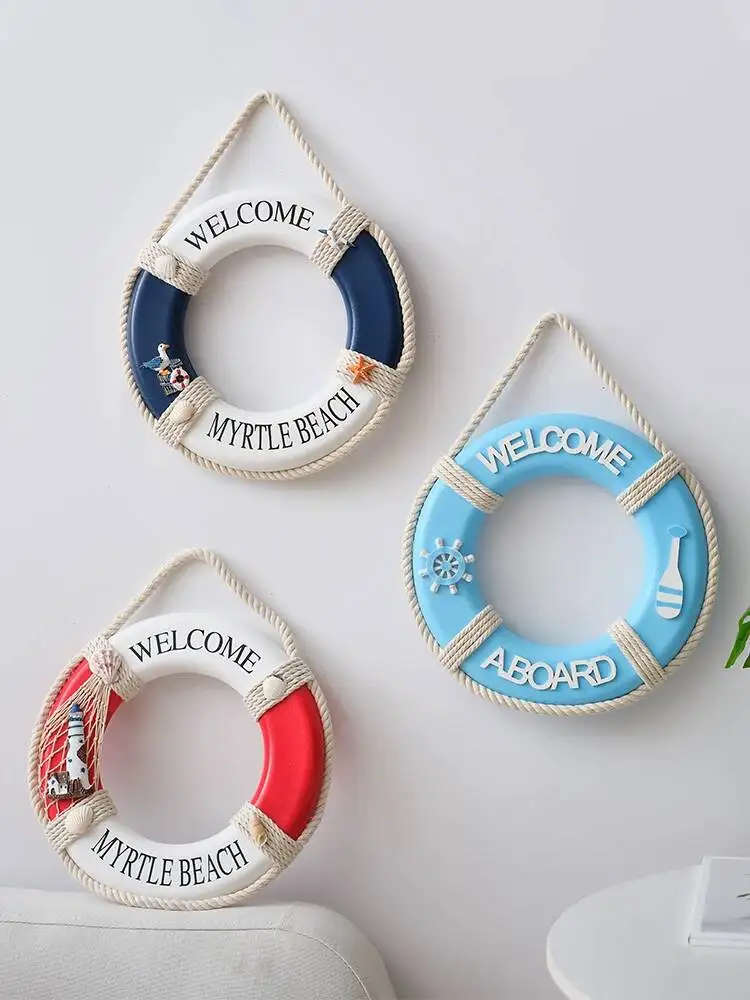 Mediterranean wooden lifebuoy with LED lights, battery-operated, flashing decorative creative wall decoration craft hanging
