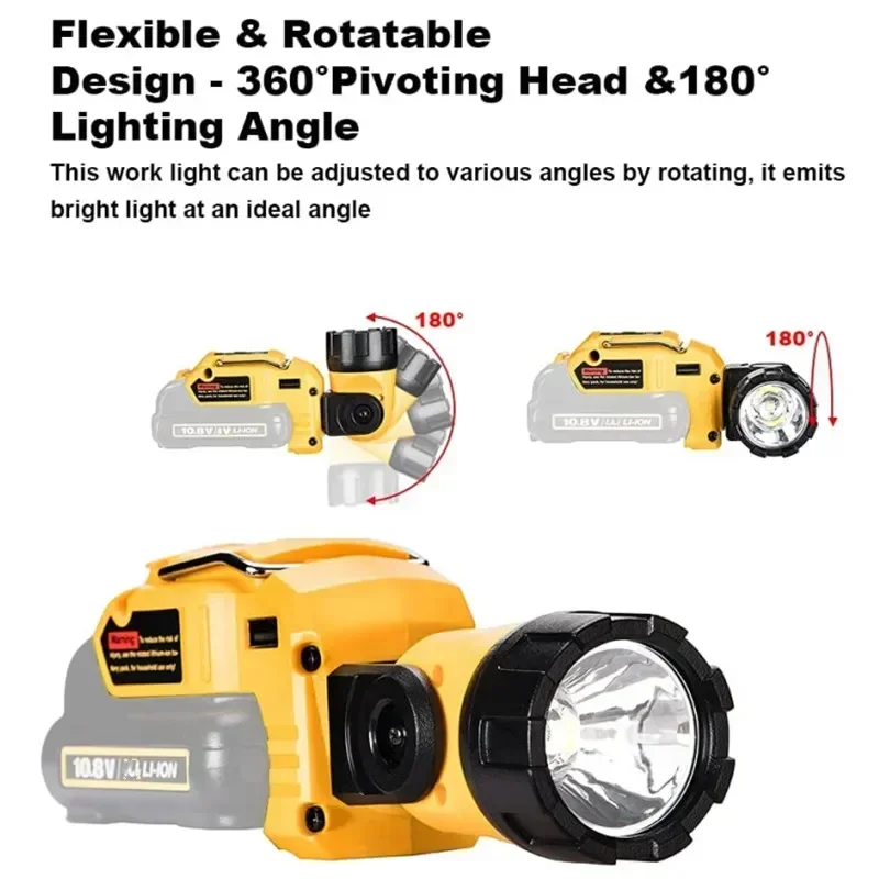 Obrotowe światło zewnętrzne 12V 3W Latarka robocza do akumulatorów Dewalt 10.8V-12V Flat Push Li-Ion z portami wyjściowymi USB i DC — zdjęcie produktu 6
